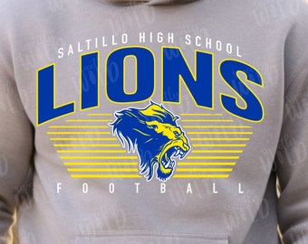 May include: A gray hooded sweatshirt with a blue and yellow graphic design. The graphic features the text "SALTILLO HIGH SCHOOL LIONS FOOTBALL".