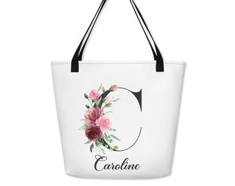 CUSTOM 16" x 20" Floral Initial Name - All-Over Print Large Tote Bag - Personalized Gift - Trendy Tote Bag - Baby Shower Gift - Women's Bag