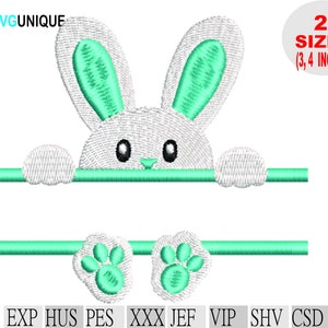 Puede incluir: Diseño bordado de un conejito blanco con detalles verde menta. El conejito está situado encima de una línea, con huellas de patas debajo. El diseño está disponible en dos tamaños, 7,6 y 10,2 cm.