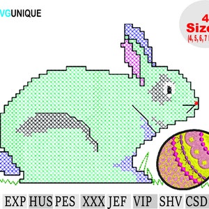 May include: Embroidered design of a green bunny holding a pink and yellow Easter egg. The design is available in four sizes: 4, 5, 6, and 7 inches.