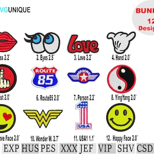 Könnte beinhalten: Eine Sammlung von 12 gestickten Aufnähern mit verschiedenen Designs, darunter ein roter Kuss, Augen, das Wort "Love", eine Hand, ein Mittelfinger, ein Route 85-Schild, eine Person, ein Yin-Yang-Symbol, ein Herzaugen-Emoji, ein Wonder Woman-Logo, eine USA-Flagge und ein Smiley.