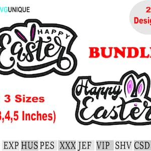 Puede incluir: Dos diseños de bordado para Pascua, con el texto "Feliz Pascua" en una fuente de letra negra con orejas de conejo. Los diseños están disponibles en tres tamaños: 3, 4 y 5 pulgadas.