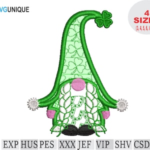 May include: Green and white embroidered gnome with a shamrock hat and braids. The gnome is wearing black shoes and has a pink nose. The design is available in 4 sizes: 3, 4, 5, and 6 inches.  The file formats included are DST, EXP, HUS, PES, XXX, JEF, VIP, SHV, CSD, and PCS.