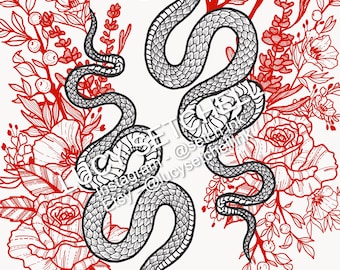 Snake and floral - art print - tattoo style
