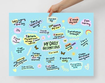May include: A blue poster with colorful illustrations and text. The poster features positive affirmations such as "I am a sovereign being", "I am loved", "I love my body", and "I am worthy".