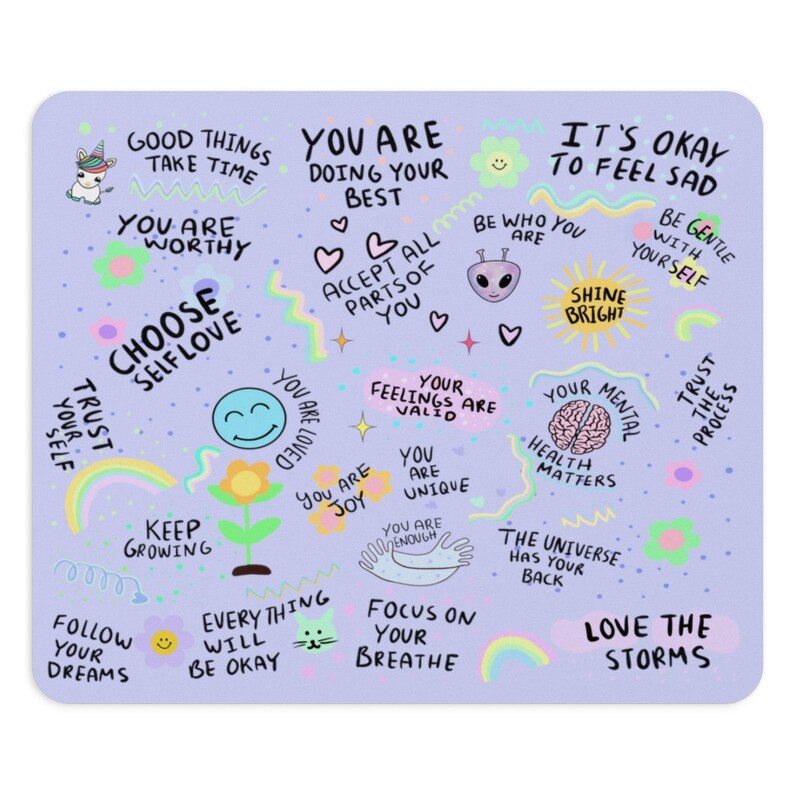 May include: A purple background with colorful illustrations and text encouraging self-love and positivity. The text includes phrases like "You are worthy", "Choose self love", "Keep growing", "Love the storms", and "Trust the process".