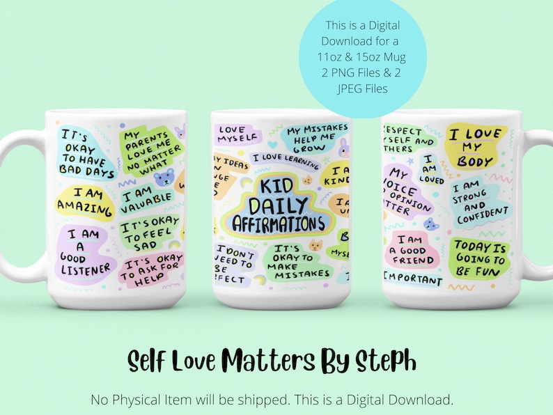 Puede incluir: Dos tazas blancas con dise&ntilde;os coloridos y afirmaciones positivas. Las tazas presentan frases como "Soy incre&iacute;ble", "Amo mi cuerpo" y "Afirmaciones diarias para ni&ntilde;os".