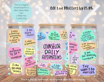 May include: Three 16oz glass beer cans with colorful motivational quotes and affirmations for counselors. The text includes "Counselor Daily Affirmations", "I am a Creative Counselor", "I Make a Difference", "I am Proud to be a Counselor", "I Handle Stressful Situations with Wisdom and Clarity", "I am Becoming a Better Counselor Everyday", "The Work I Do Matters", "I am an Amazing Counselor", "I Can Do Hard Things", "I Find Joy in All Situations", "I Choose to Focus on the Good", "I Radiate Positivity", "I Believe in Myself and My Abilities", "I Plan My Time Effectively", "My Clients Deserve the Best", "I Handle Work with Those I Serve", "I Always Find a Way", "Spread Kindness and Love".
