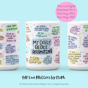 May include: White ceramic mug with a colorful design featuring bible verses and the text "My Daily Bible Affirmations".