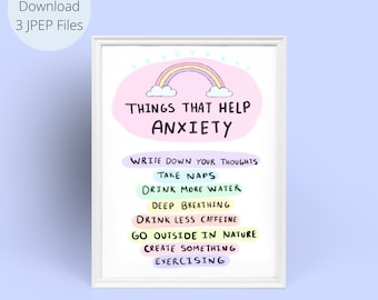 Może przedstawiać: Drukowany plakat z tęczą i chmurami, z tekstem "Things that help anxiety". Plakat zawiera listę czynności, które mogą pomóc w radzeniu sobie z lękiem, takich jak "Write down your thoughts", "Take naps", "Drink more water", "Deep breathing", "Drink less caffeine", "Go outside in nature", "Create something", i "Exercising".