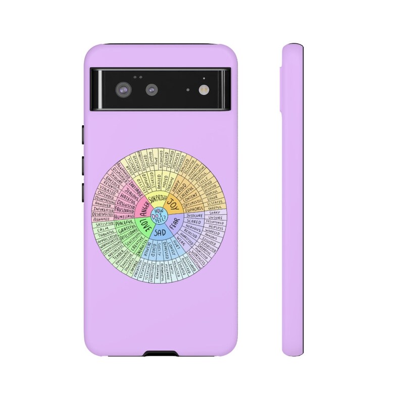 May include: A lavender phone case featuring a circular diagram of emotions, with words like "joy," "sad," and "anger." The case has a camera cutout and side buttons. The side view shows the case's slim profile.