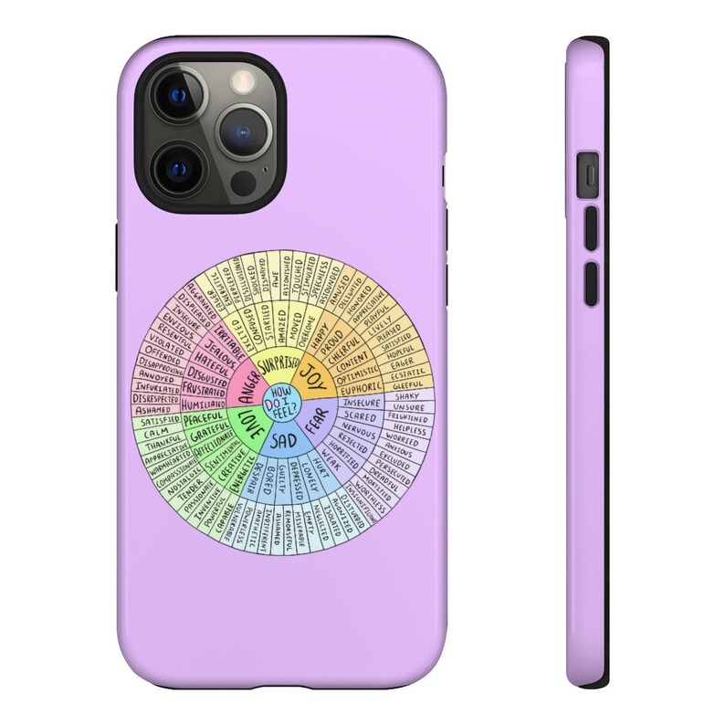 May include: A lavender phone case featuring a colorful wheel diagram with the text "How Do I Feel?" and various emotion labels. The case has a black camera cutout and a side view showing the case's thickness.