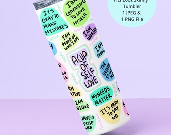 Diseño de sublimación de vaso delgado de 20 oz, taza de amor propio PNG, vaso de amor propio PNG, plantilla de envolturas de vaso inspirador, salud mental PNG