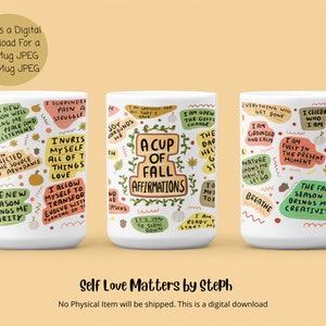 Puede incluir: Tres tazas blancas con diseños de otoño y afirmaciones positivas. Las tazas presentan ilustraciones de hojas, calabazas y bellotas. El texto en las tazas incluye frases como "Una taza de afirmaciones de otoño", "Estoy conectado a la fuente de la abundancia" y "La temporada de otoño me trae creatividad".
