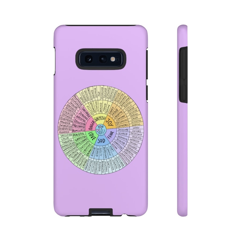 May include: A lavender phone case featuring a colorful emotion wheel with the text "How Do I Feel?" in the center. The wheel displays various emotions like joy, fear, and sadness. The case has a sleek design.