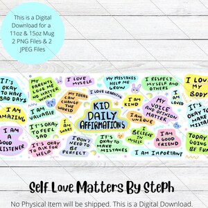 Puede incluir: Una descarga digital colorida de afirmaciones para ni&ntilde;os. Las afirmaciones est&aacute;n escritas en un estilo l&uacute;dico, dibujado a mano, con colores brillantes e ilustraciones divertidas. El texto incluye frases como "Soy incre&iacute;ble", "Est&aacute; bien cometer errores" y "Mi voz y mi opini&oacute;n importan".