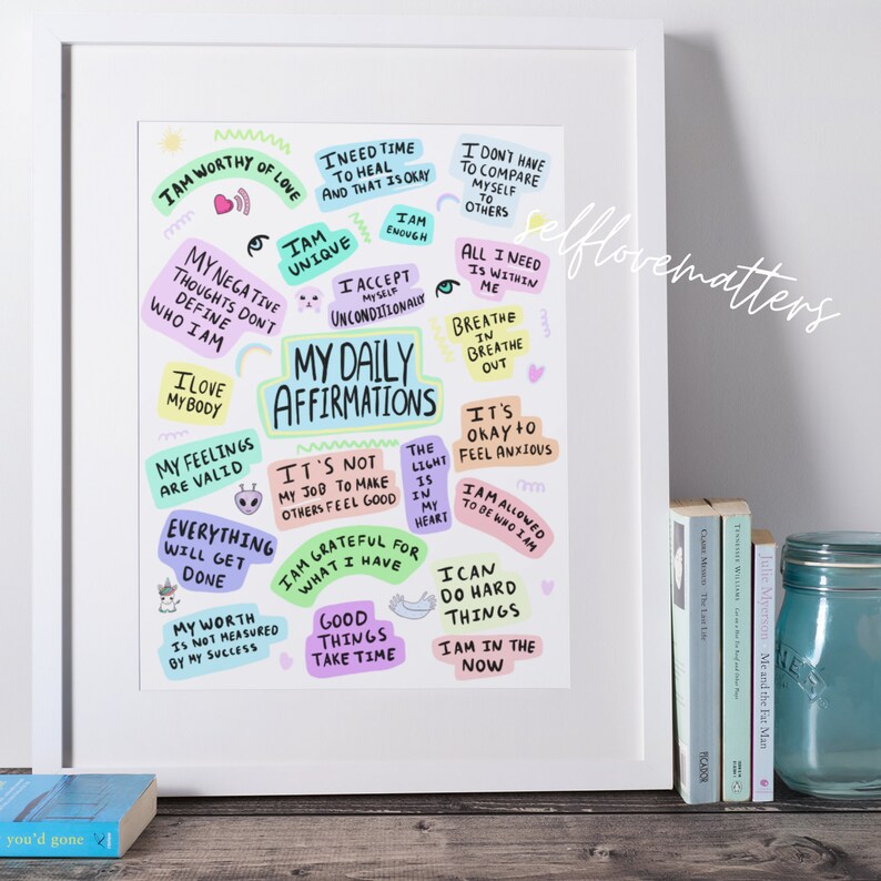 Puede incluir: Un p&oacute;ster imprimible colorido con afirmaciones positivas para el amor propio y el cuidado personal. El p&oacute;ster presenta frases como "Soy digno de amor", "Soy &uacute;nico", "Mis sentimientos son v&aacute;lidos", "Tengo permitido ser quien soy", y "Estoy en el ahora".