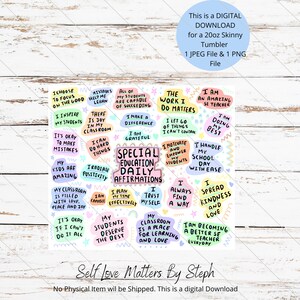 May include: A set of colorful stickers with positive affirmations for teachers. The stickers feature phrases like "I am grateful", "I radiate positivity", "My classroom is filled with love, peace and joy", "I am capable", "I plan my time effectively", "I trust myself", "I always find a way", "I spread kindness and love", "My students deserve the best", "My classroom is a place for learning and love", "I am becoming a better teacher everyday", "I choose to focus on the good", "I inspire my students", "It's okay to make mistakes", "My kids are amazing", "I can do hard things", "I make a difference", "The work I do matters", "I let go of things I can't control", "I motivate and empower my students", "I handle my school day with ease".