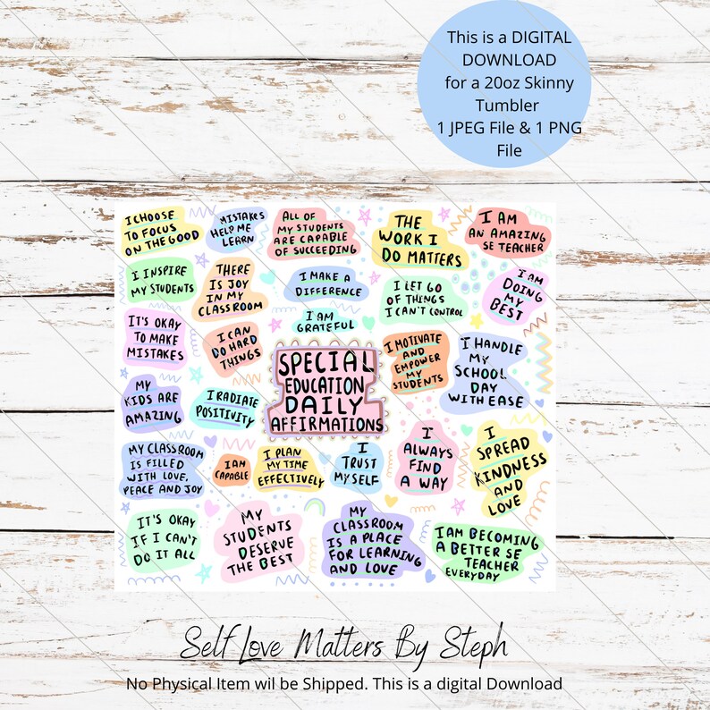 May include: A set of colorful stickers with positive affirmations for teachers. The stickers feature phrases like "I am grateful", "I radiate positivity", "My classroom is filled with love, peace and joy", "I am capable", "I plan my time effectively", "I trust myself", "I always find a way", "I spread kindness and love", "My students deserve the best", "My classroom is a place for learning and love", "I am becoming a better teacher everyday", "I choose to focus on the good", "I inspire my students", "It's okay to make mistakes", "My kids are amazing", "I can do hard things", "I make a difference", "The work I do matters", "I let go of things I can't control", "I motivate and empower my students", "I handle my school day with ease".