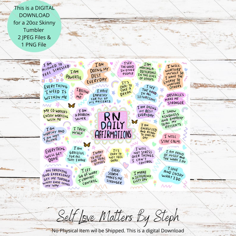 May include: A set of 16 colourful affirmation stickers with a pink, blue and yellow colour scheme. The stickers feature positive affirmations for nurses, such as "I am doing my best everyday" and "I am worthy and I am not alone". The stickers are designed to be used on a 20 oz skinny tumbler. The text "RN Daily Affirmations" is featured in the centre of the image.