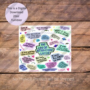 May include: A colorful graphic with motivational quotes and affirmations about the law of attraction. The graphic features a variety of colors, including pink, blue, green, and yellow. The text includes phrases such as "I love my path", "I am worthy and enough", "The universe is within me", and "I am manifesting what I want".