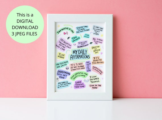 Daily Affirmations Printable, Self Care Art print, Mental Health Posters, Positive Affirmations Wall Decor, Therapist Office Art, Self love