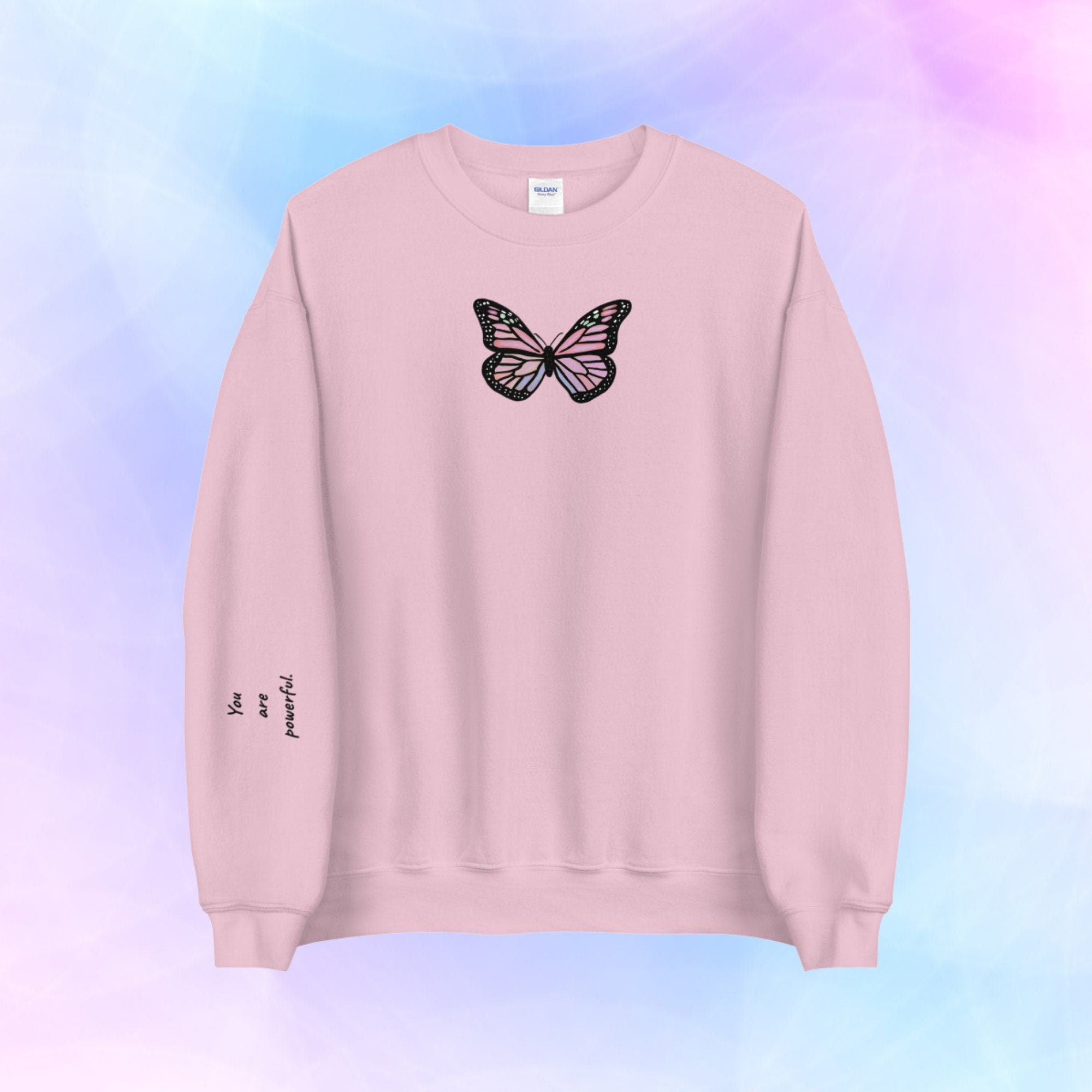purple sweater with butterflies