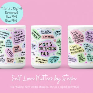 Puede incluir: Tres tazas de cer&aacute;mica blanca con texto e ilustraciones coloridos. Las tazas presentan afirmaciones positivas para las madres. El texto en las tazas incluye frases como "Estoy orgullosa de m&iacute; misma", "Taza de afirmaci&oacute;n para mam&aacute;" y "Aprender&eacute; de mis errores".