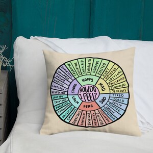 K&ouml;nnte beinhalten: Ein beiger Kissenbezug mit einem bunten Raddiagramm mit den Worten "Wie f&uuml;hle ich mich?" und einer Liste von Gef&uuml;hlen, darunter gl&uuml;cklich, traurig, w&uuml;tend und &auml;ngstlich. Das Raddiagramm ist von einem beigen Hintergrund umgeben.