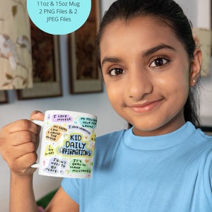 Puede incluir: Taza de cer&aacute;mica blanca con un dise&ntilde;o colorido que presenta afirmaciones positivas para ni&ntilde;os. La taza dice "Kid Daily Affirmations" e incluye frases como "Me amo a m&iacute; mismo", "Mis ideas pueden cambiar el mundo", "Mis errores me ayudan a crecer", "Me encanta aprender", "Soy inteligente", "No necesito ser perfecto", y "Est&aacute; bien cometer errores".