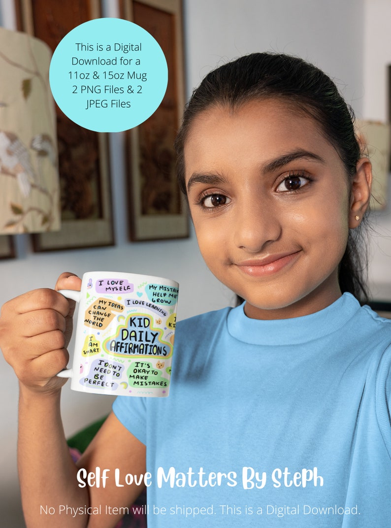 Puede incluir: Taza de cer&aacute;mica blanca con un dise&ntilde;o colorido que presenta afirmaciones positivas para ni&ntilde;os. La taza dice "Kid Daily Affirmations" e incluye frases como "Me amo a m&iacute; mismo", "Mis ideas pueden cambiar el mundo", "Mis errores me ayudan a crecer", "Me encanta aprender", "Soy inteligente", "No necesito ser perfecto", y "Est&aacute; bien cometer errores".