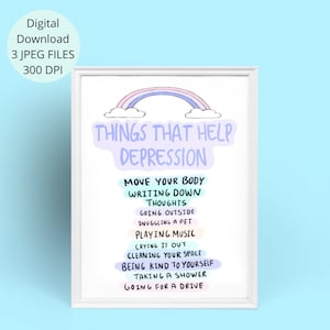 Może przedstawiać: Drukowany plakat z tęczą i chmurami na g&oacute;rze. Tekst "Things That Help Depression" jest fioletowy. Plakat wymienia czynności, kt&oacute;re mogą pom&oacute;c w depresji, takie jak "Ruch", "Zapisywanie myśli", "Wyjście na zewnątrz", "Przytulanie zwierzaka", "Słuchanie muzyki", "Płacz", "Sprzątanie przestrzeni", "Bycie miłym dla siebie", "Branie prysznica" i "Jazda samochodem".