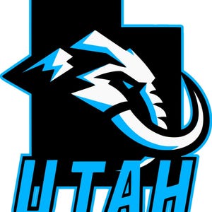 May include: A black and blue graphic featuring the outline of the state of Utah with a mountain range and a mammoth head. The word "UTAH" is written in blue block letters below the graphic.