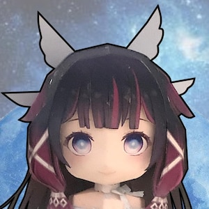 May include: A Genshin Impact Columbina papercraft figure featuring a character with dark hair, pink highlights, and white wings, positioned in front of a blue moon. The text reads Genshin Impact---Columbina papercraft, A5X5 : 14cm, and @pepasweet.