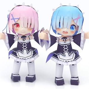 rem ram ,emilia, Beatrice, Papercraft , Pepakura, 3D model paper , PDF Template , DIY , A4