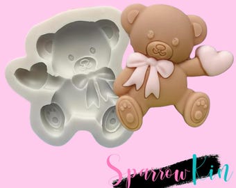 TEDDY BEAR W/ HEART In Hand Silicone Mold | Resin | Clay | Chocolate | Fondant | Baby Shower | Birthday|