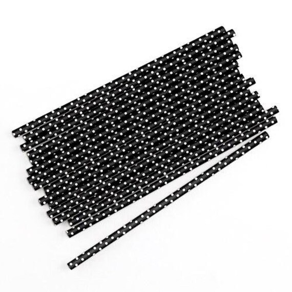 ブラック＆ホワイト水玉模様の紙ストロー 25本入り - Etsy 日本