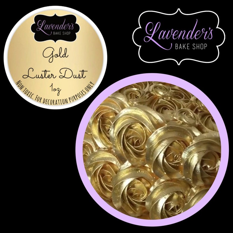 Pode incluir: P&oacute; de brilho dourado para decora&ccedil;&atilde;o de bolos. A imagem mostra decora&ccedil;&otilde;es douradas em forma de rosa e um r&oacute;tulo com o texto "Gold Luster Dust" e "Lavender's Bake Shop". O r&oacute;tulo tamb&eacute;m diz "N&atilde;o t&oacute;xico. Apenas para fins de decora&ccedil;&atilde;o."