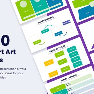 Op de afbeelding: Een verzameling van 200 PowerPoint-dia's met verschillende Smart Art-afbeeldingen. De dia's zijn georganiseerd in categorieën, zoals "SMART ART SLIDES". Elke dia bevat een ander type Smart Art-afbeelding, zoals een piramide, een stroomdiagram en een hiërarchie-diagram.