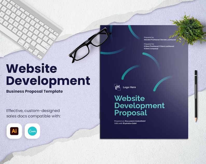 May include: A blue and white business proposal template for website development. The template features a modern design with a blue background and white text. The text includes the words "Website Development Proposal" and "Prepared by" and "Prepared for".