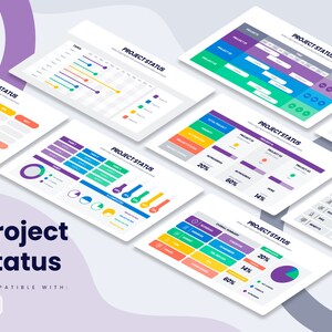 May include: A set of colorful project status slides with different charts and graphs. The slides include a timeline, pie charts, bar graphs, and a table. The slides are designed to help you track the progress of your projects and keep your team on track.