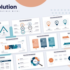 May include: A set of nine infographic slides with different layouts and icons. The slides are designed to help visualize solutions to problems. The slides are compatible with Adobe Illustrator.