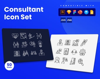 Può includere: Un set di icone di consulenza con 50 icone, visualizzate su uno sfondo blu scuro e bianco. Le icone sono disegni a linea bianca, che raffigurano vari concetti di business e consulenza. L'immagine include anche il testo "Consultant Icon Set" e "Compatible with".