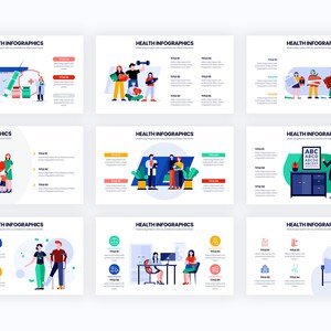 Puede incluir: Una colecci&oacute;n de nueve infograf&iacute;as de salud con ilustraciones y texto. Cada infograf&iacute;a presenta un t&iacute;tulo, una breve descripci&oacute;n y varias secciones numeradas con t&iacute;tulos e iconos. El texto "HEALTH INFOGRAPHICS" se muestra en la parte superior de cada diapositiva.