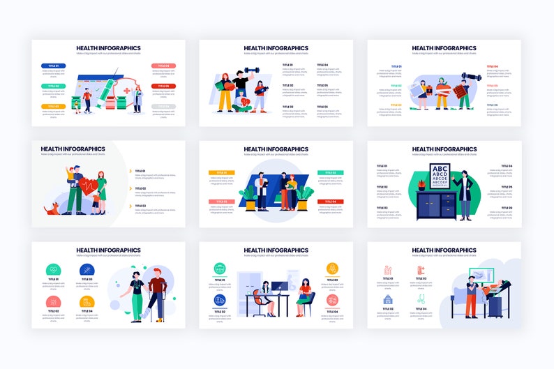 Puede incluir: Una colecci&oacute;n de nueve infograf&iacute;as de salud con ilustraciones y texto. Cada infograf&iacute;a presenta un t&iacute;tulo, una breve descripci&oacute;n y varias secciones numeradas con t&iacute;tulos e iconos. El texto "HEALTH INFOGRAPHICS" se muestra en la parte superior de cada diapositiva.