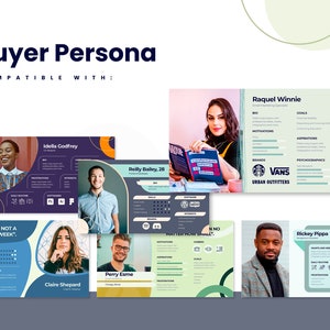 Op de afbeelding: Een verzameling buyer persona-sjablonen voor een bedrijf. De sjablonen zijn kleurrijk en bevatten foto's van mensen. De tekst op de sjablonen bevat informatie over de buyer persona, zoals hun doelen, motivaties en merken die ze leuk vinden.