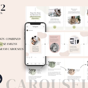 May include: A pink and white Instagram carousel template with the text "972 POSTS COMBINED INTO 162 SEAMLESS INSTAGRAM CAROUSELS" and "Steps for Starting a Coaching Business". The template includes four steps for starting a coaching business: Decide what type of coaching you'll do, Create the course outline, Write the course content, and Design your course.