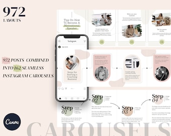 Può includere: Un modello di carosello Instagram rosa e bianco con il testo "972 POSTS COMBINED INTO 162 SEAMLESS INSTAGRAM CAROUSELS" e "Steps for Starting a Coaching Business". Il modello include quattro passaggi per avviare un'attività di coaching: Decidere il tipo di coaching che offrirai, Creare la struttura del corso, Scrivere il contenuto del corso e Progettare il tuo corso.