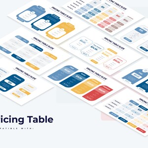 Puede incluir: Un conjunto de diapositivas de tabla de precios coloridas para presentaciones de PowerPoint. Las diapositivas presentan diferentes planes de precios con varias características y precios. Las diapositivas están diseñadas en un estilo moderno y minimalista con acentos azules, amarillos y rojos.
