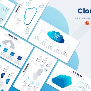 Könnte beinhalten: Ein Satz von fünf PowerPoint-Folien mit einem Cloud-Thema. Jede Folie zeigt ein anderes Cloud-Design mit Textfeldern für Titel und Beschreibungen. Die Folien sind mit PowerPoint kompatibel.